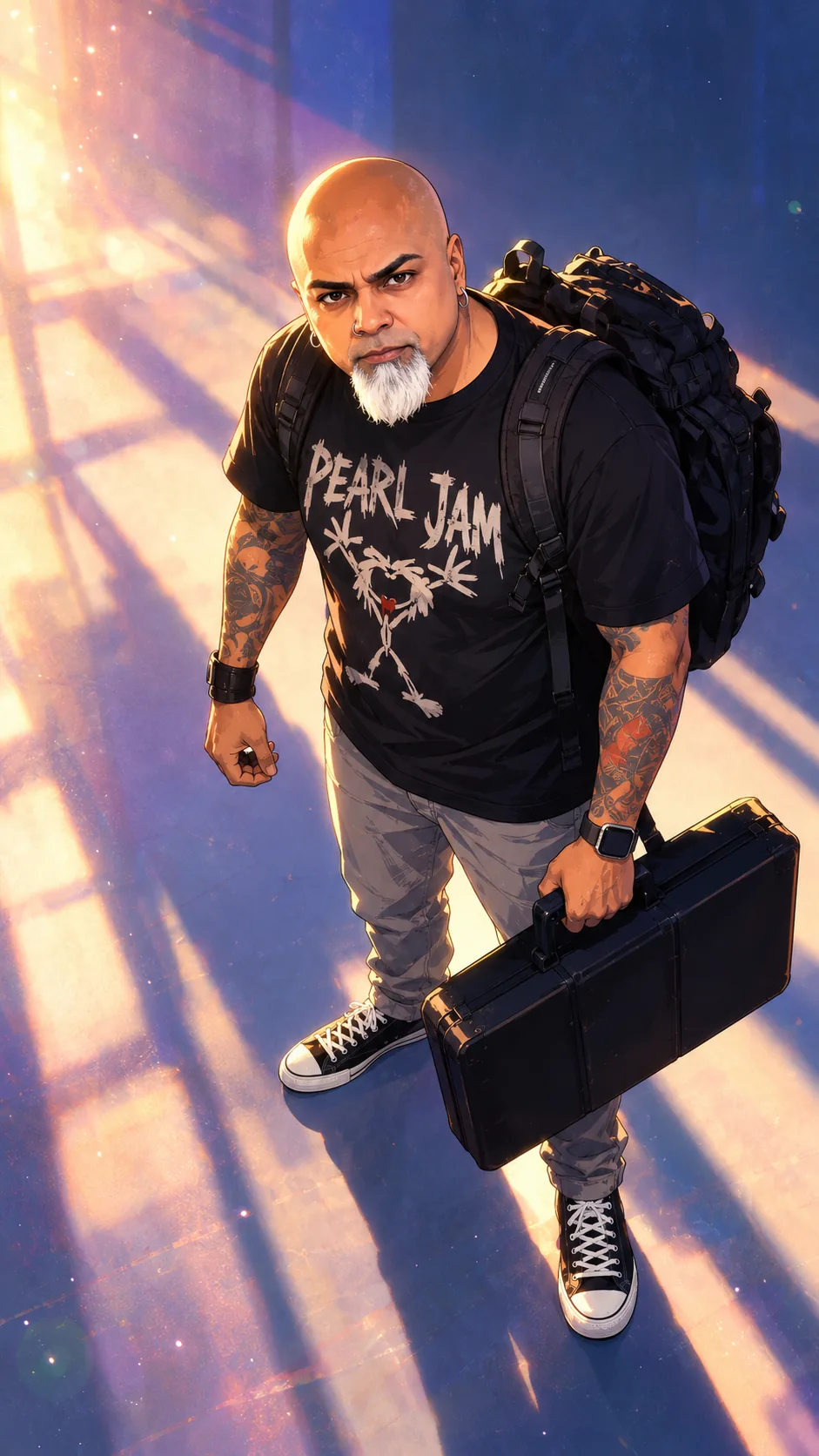 Illustrated portrait of Victor Shaqur ready to travel with his music gear